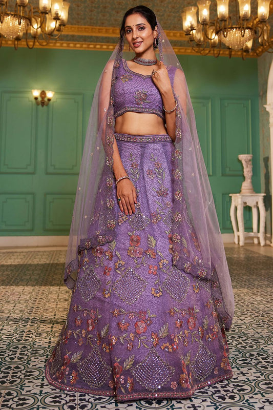 Purple Net Wedding Lehenga With Zari Work SFROY509012