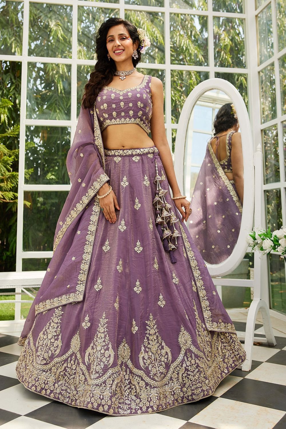 Purple Tissue Wedding Reception Lehenga Choli SFROY509011