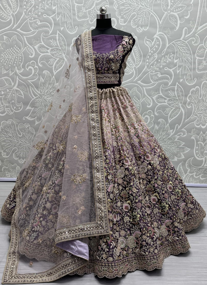 Purple Velvet Lehenga For Bride SFANJ2599