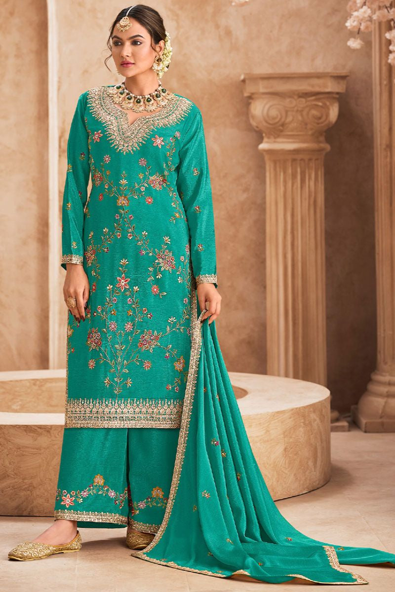 Green Sangeet Wedding Party Palazzo Salwar Kameez In Chinnon Silk SFYS144804