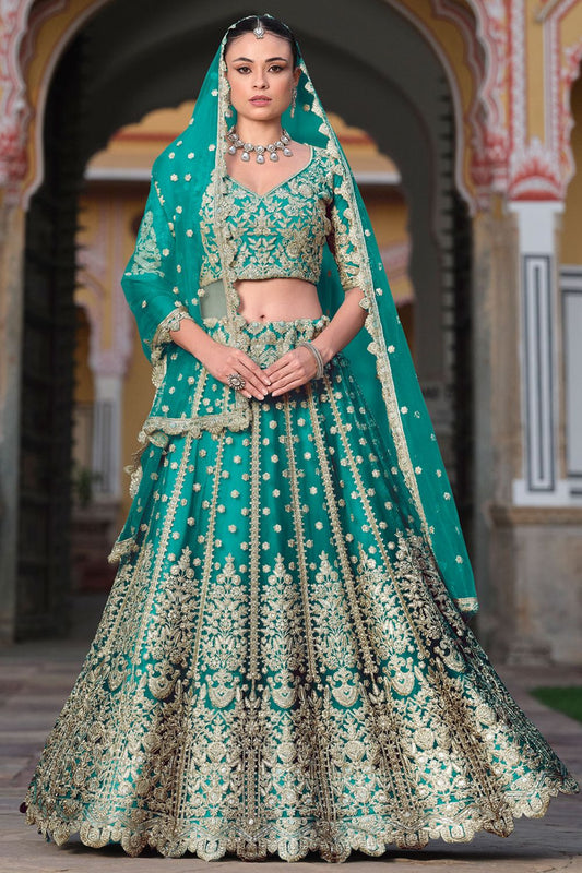 Green Net Bridal Wedding Reception Lehenga Set SFSA478903