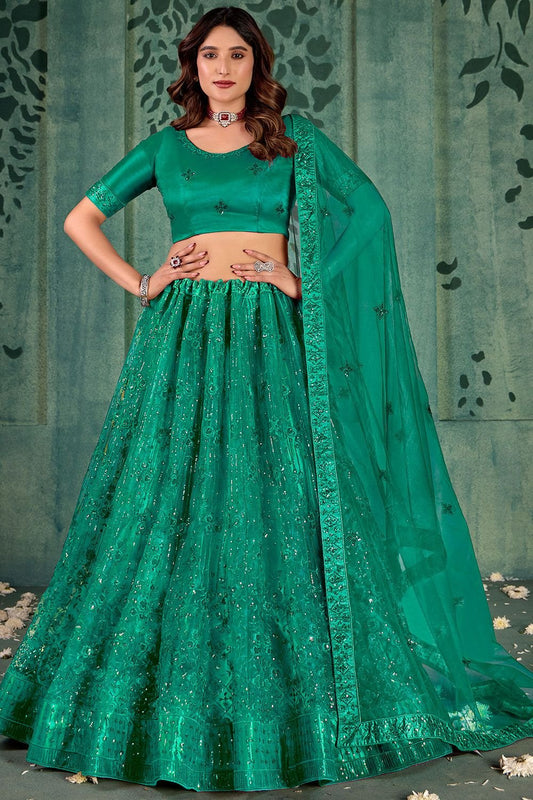 Green Net Wedding Party Lehenga Choli SFYS143203