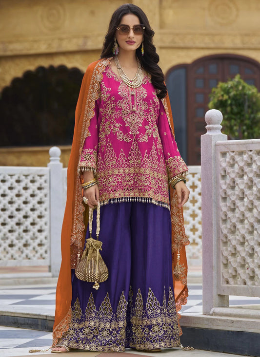 Pink Chinon Embroidered Palazzo Kameez Salwar Suit SF302081