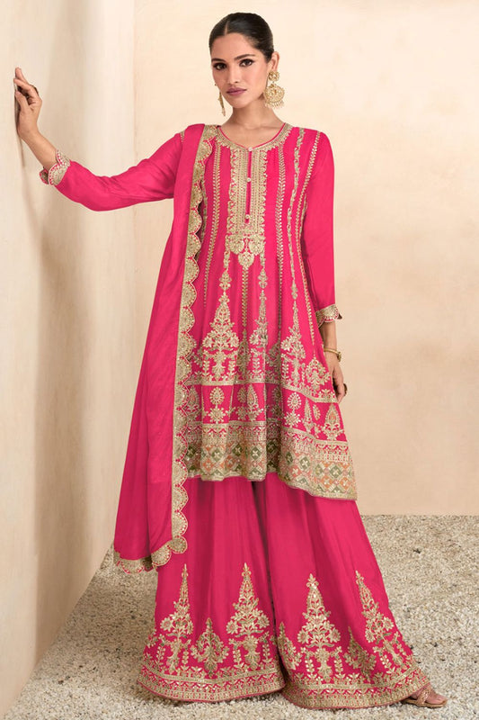 Pink Sangeet Ceremony Chinnon Silk Palazzo Kameez SFEDC9603