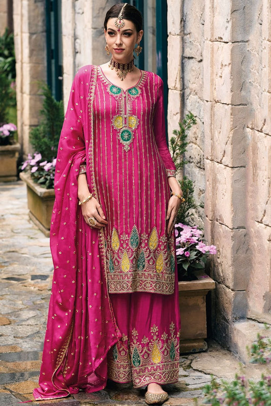 Pink Sangeet Ceremony Chinnon Silk Palazzo Kameez SFYS120100