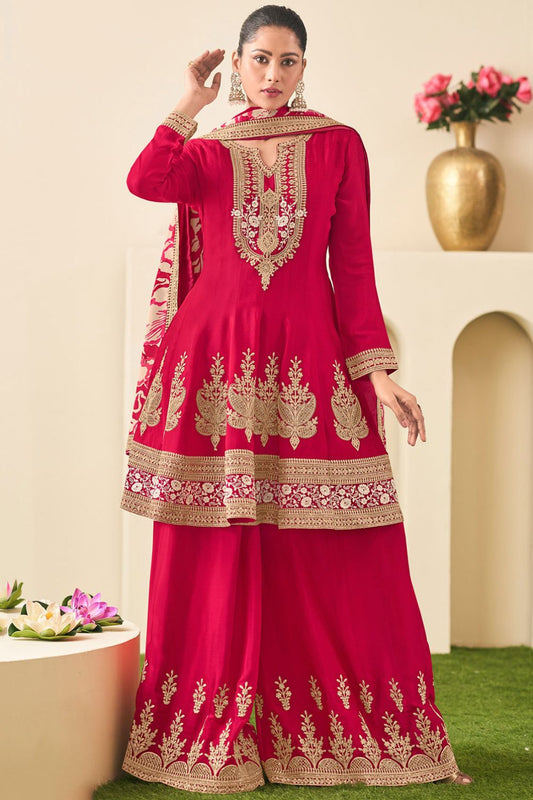 Luxe Pink Sangeet Palazzo Kameez In Chinnon Silk SFYS144602