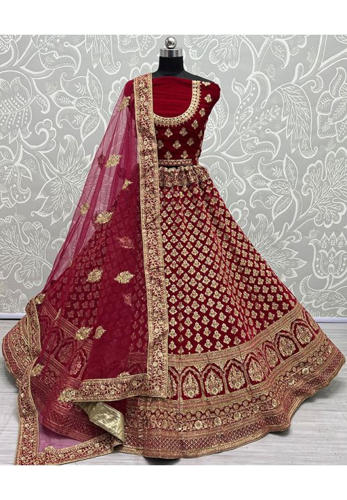 Red Bridal Lehenga Choli Set In Velvet Diamond Work SFANJ2168