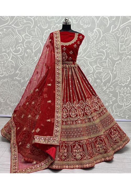 Red Bridal Lehenga Choli Set In Velvet Diamond Work SFANJ2168