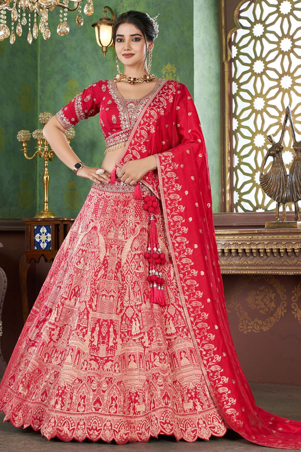 Red Jacquard Designer Bridal Lehenga SFRELS3603R