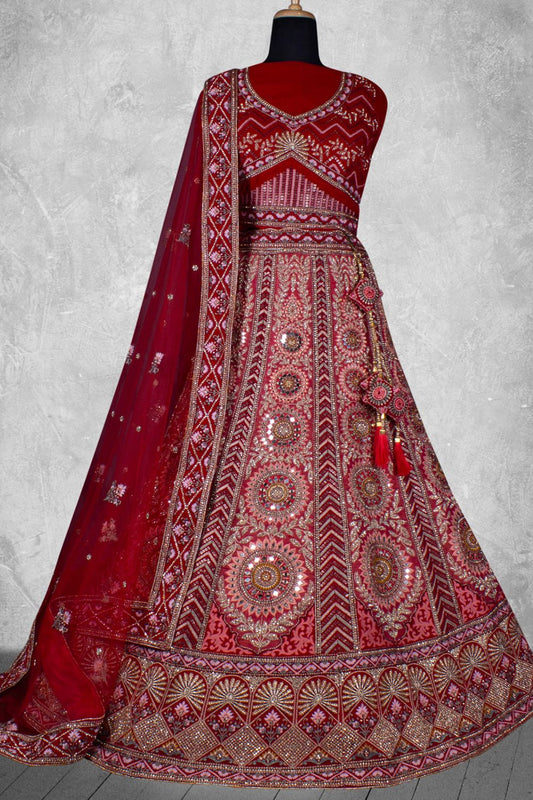 Red Wedding Velvet Zardozi Wedding Lehenga SFDIW43210