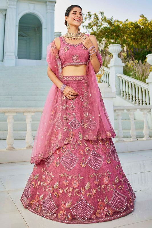 Pink Net Wedding Lehenga With Zari Work SFROY509015