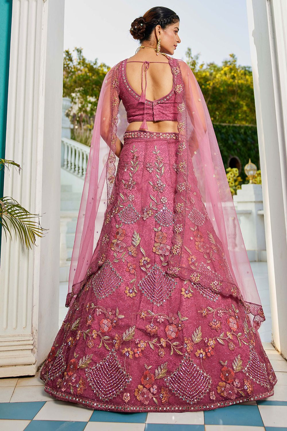 Pink Net Wedding Lehenga With Zari Work SFROY509015