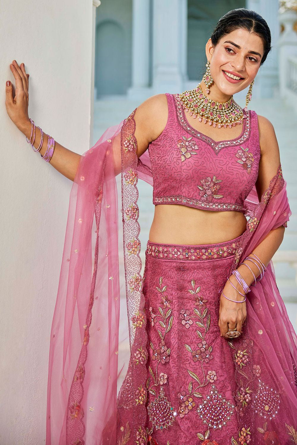 Pink Net Wedding Lehenga With Zari Work SFROY509015