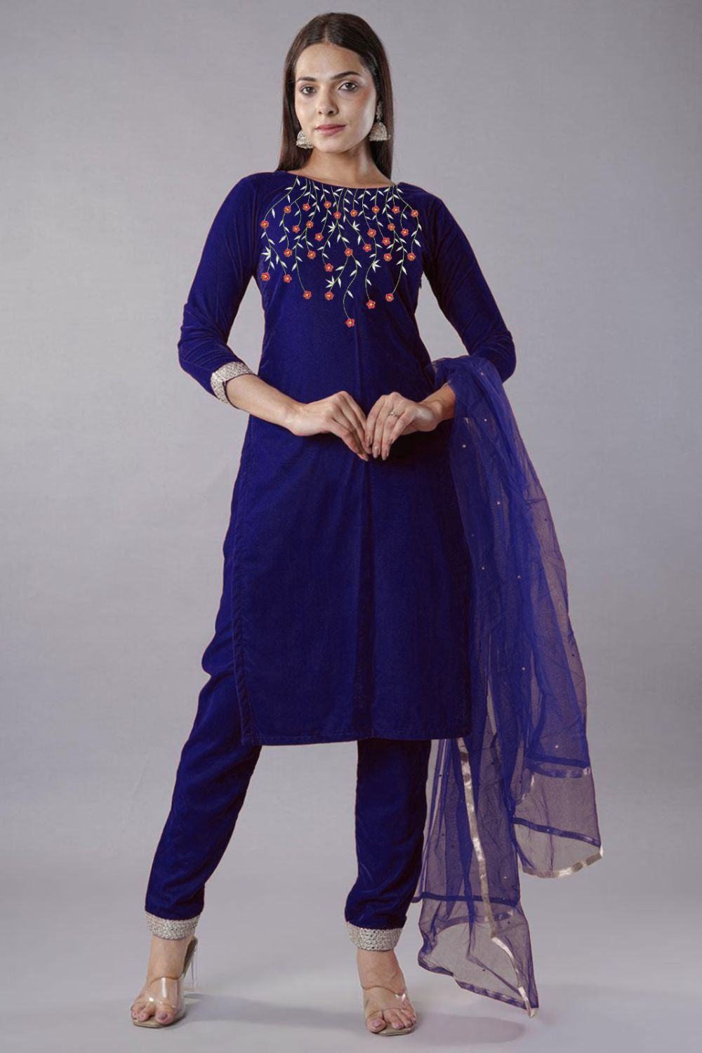 Blue Velvet Plus Size Wedding Salwar Kameez SFMAN59502R