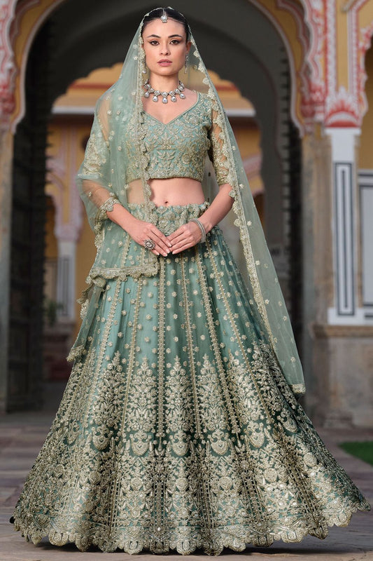 Green Net Bridal Wedding Reception Lehenga Set- SFSA478901