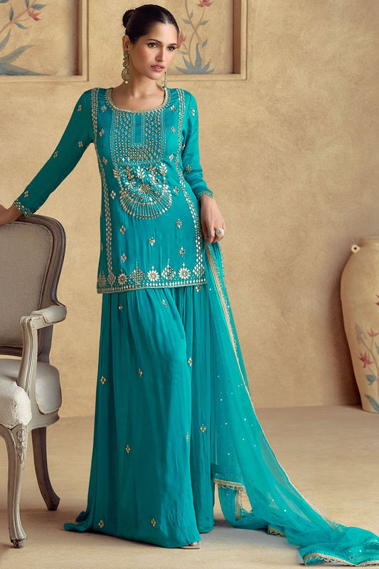 Turquoise Shimmer Silk Haldi Sangeet Palazzo Kameez SFSMT39703