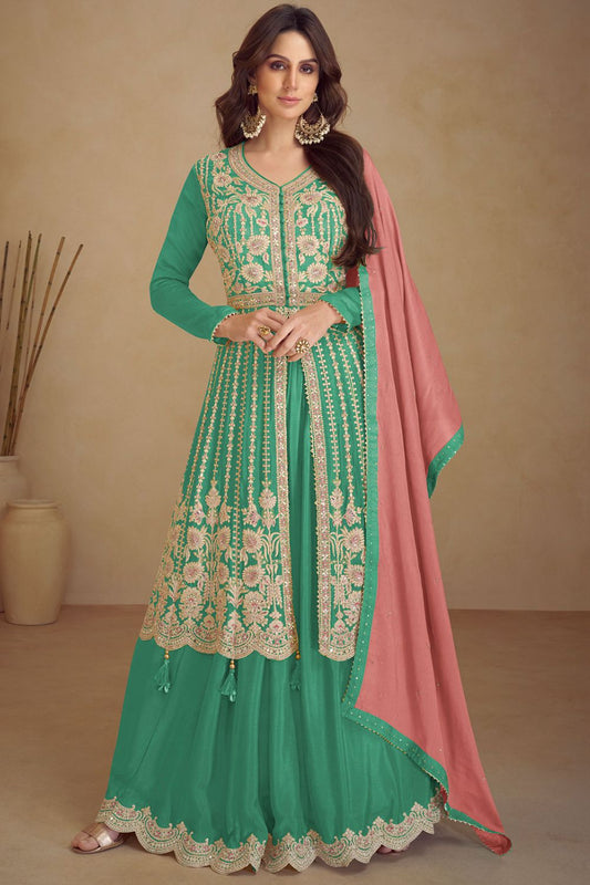 Green Chinnon Wedding Reception Palazzo Kameez SFSMT33801