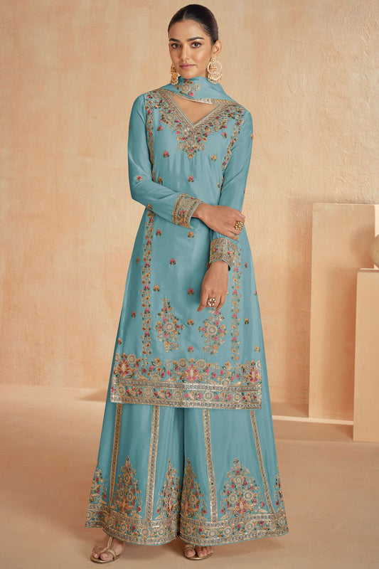 Blue Wedding Party Chinnon Silk Palazzo Kameez SFYS138002