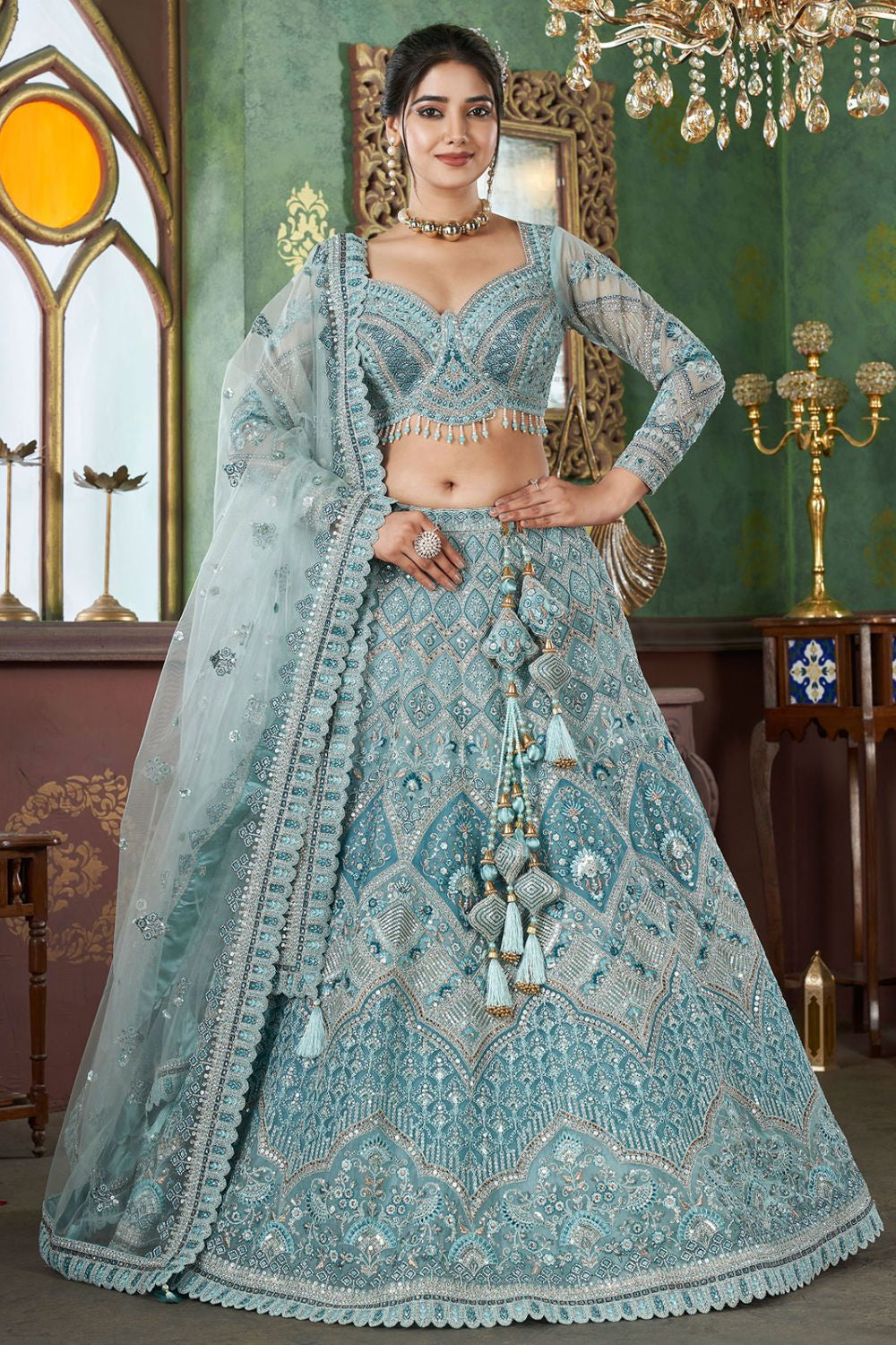 Blue Net Bridal Engagement Lehenga Choli SFRELS3502R