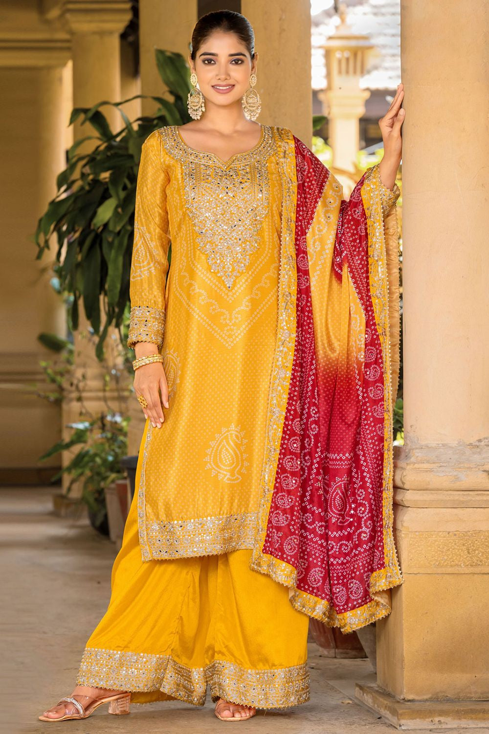 Yellow Haldi Embroidered Chinon Palazzo Kameez SFPRF218901