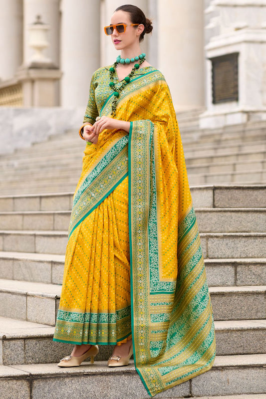 Woven Silk Yellow Haldi Sangeet Wedding Saree with Blouse SFSMT35807