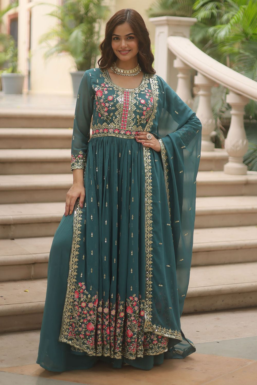 Blue Exquisite Palazzo Kameez In Georgette SFNPV57103R