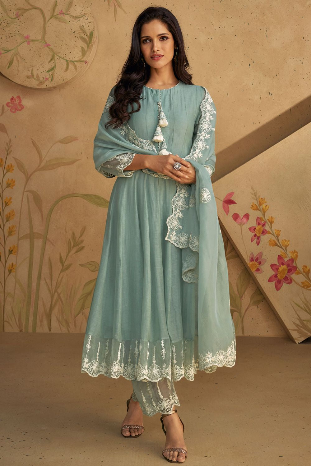 Grey Pure Silk Wedding Party Anarkali Suit SFYS130003