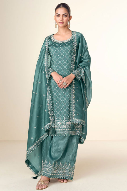 Grey Wedding Party Banarasi Tissue  Palazzo Kameez SFYS137403