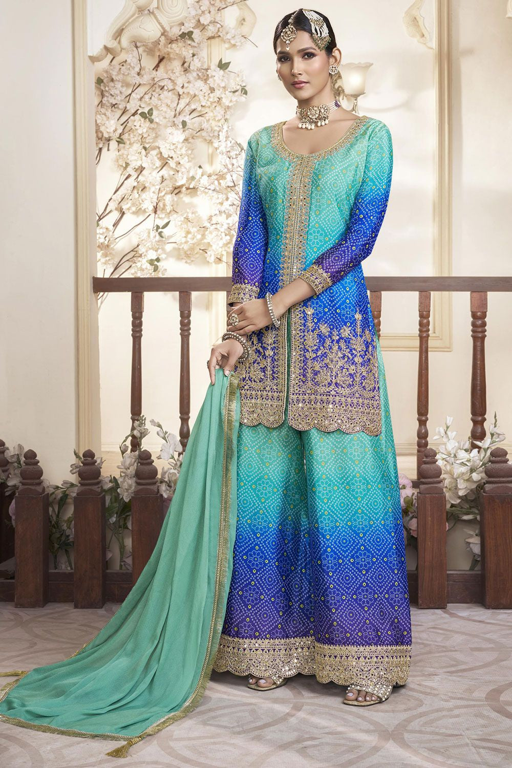 Turquoise Wedding Chinnon Palazzo Kameez SFYS144501