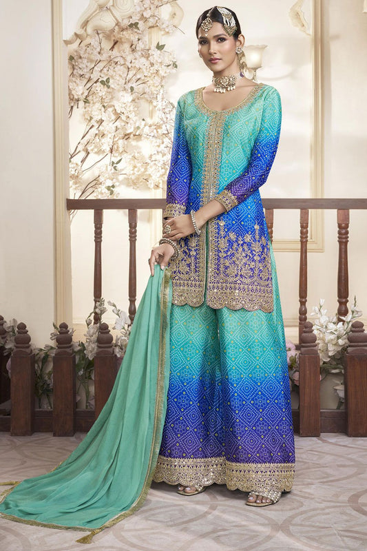 Turquoise Wedding Chinnon Palazzo Kameez SFYS144501