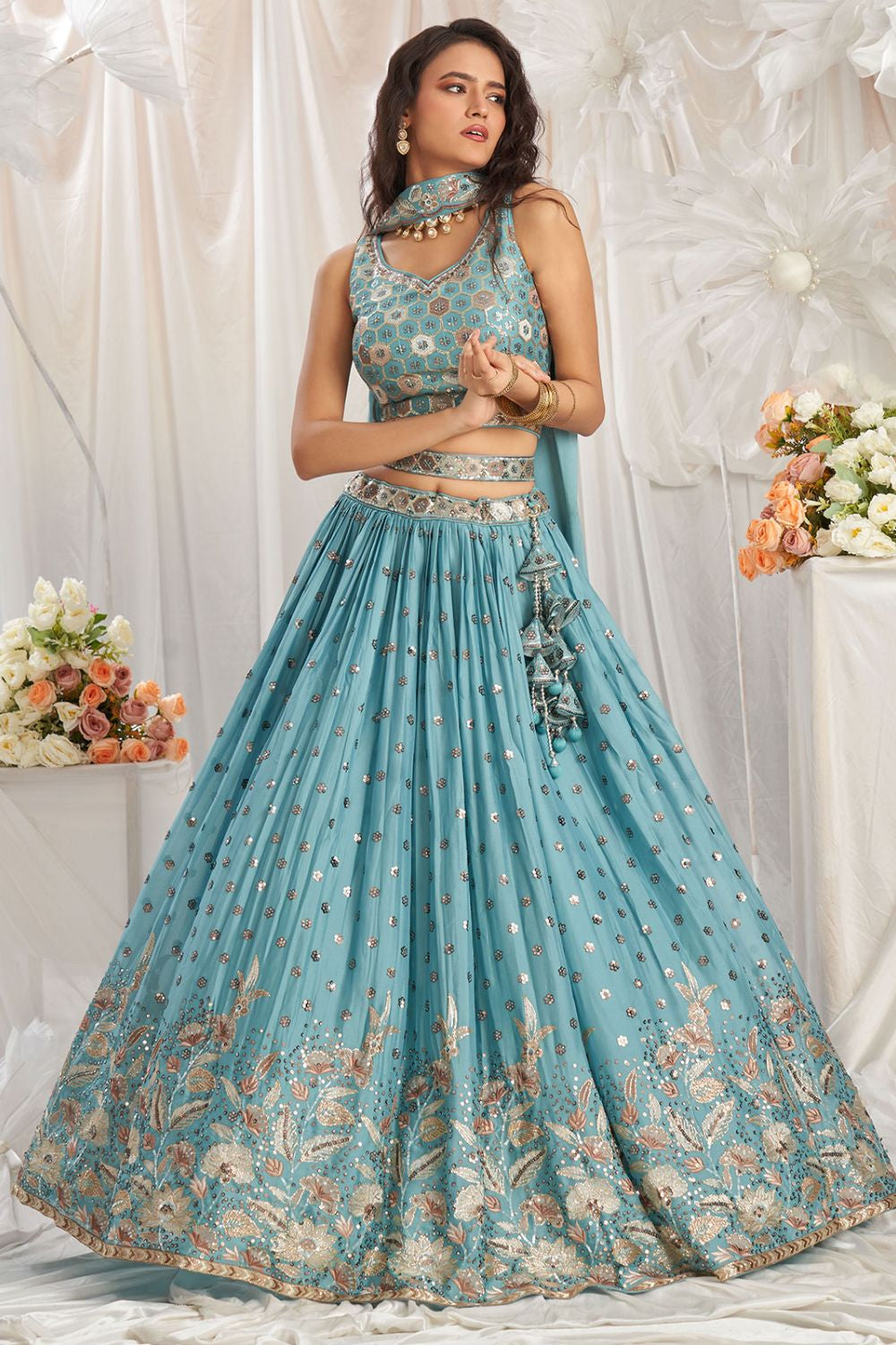 Turquoise Georgette Wedding Party Designer Lehenga Set SFPRF219006