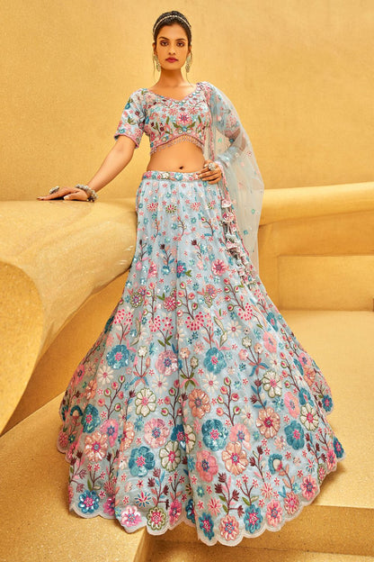 Turquoise Blue Heavy Wedding Reception Lehenga Choli Set SFPRF219008