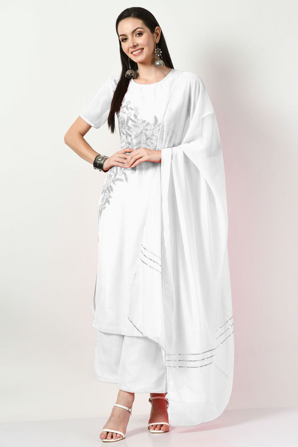 White Georgette Plus Size Palazzo Salwar Kameez SFMAN58913R