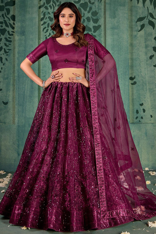 Burgundy Net Wedding Party Lehenga Choli SFYS143204