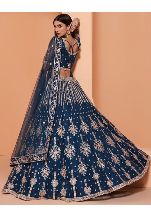 Buy Coral Blue Floral Art Nouveau Patterned Bridal Lehenga Online in India  @Mohey - Mohey for Women