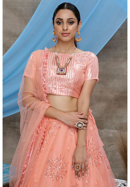 Pink Net Sangeet Lehenga Choli In Net SFKHU7903 - Siya Fashions