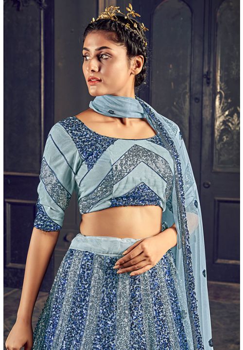 Shop online Modest Net Grey and Navy Blue Lehenga Saree