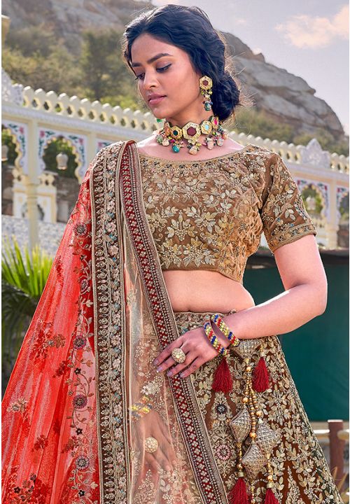 Red Colour Embroidered Attractive Party Wear viscose Velvet Lehenga ch