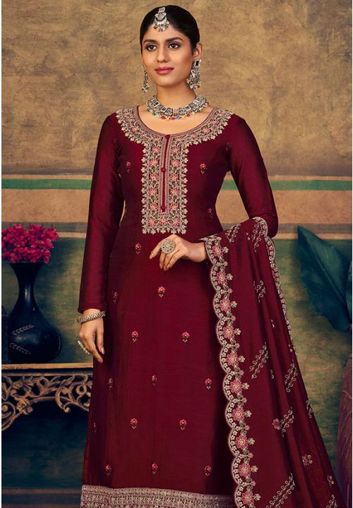 Wine Silk Indian Pakistani Palazzo Suit In Silk SFSTL26001