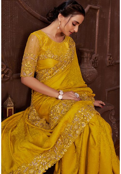 Yellow Embroidered Silk Designer Saree For Teej Festival