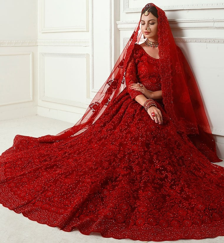 Full Embroidered Red Net Bridal Lehenga DTL245