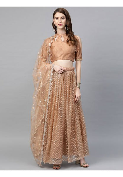 Brown Bronze Engagement Lehenga Set Sequined Net SFHST1703 - Siya Fashions