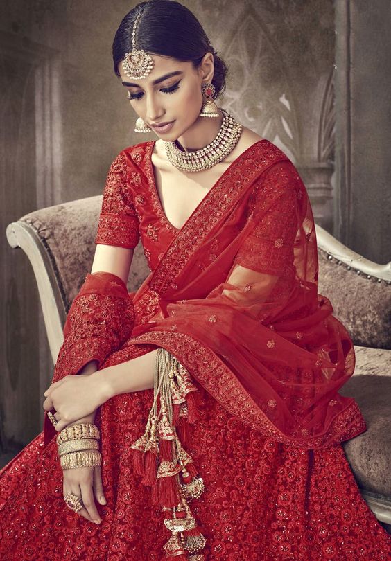 Net Embroidered Lehenga Choli in Red | Red lehenga choli, Indian wedding  wear, Designs for dresses