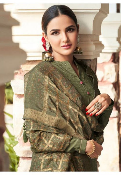 Olive Green Tussar Silk Plus Size Palazzo Suit SFSA307706 - Siya Fashions