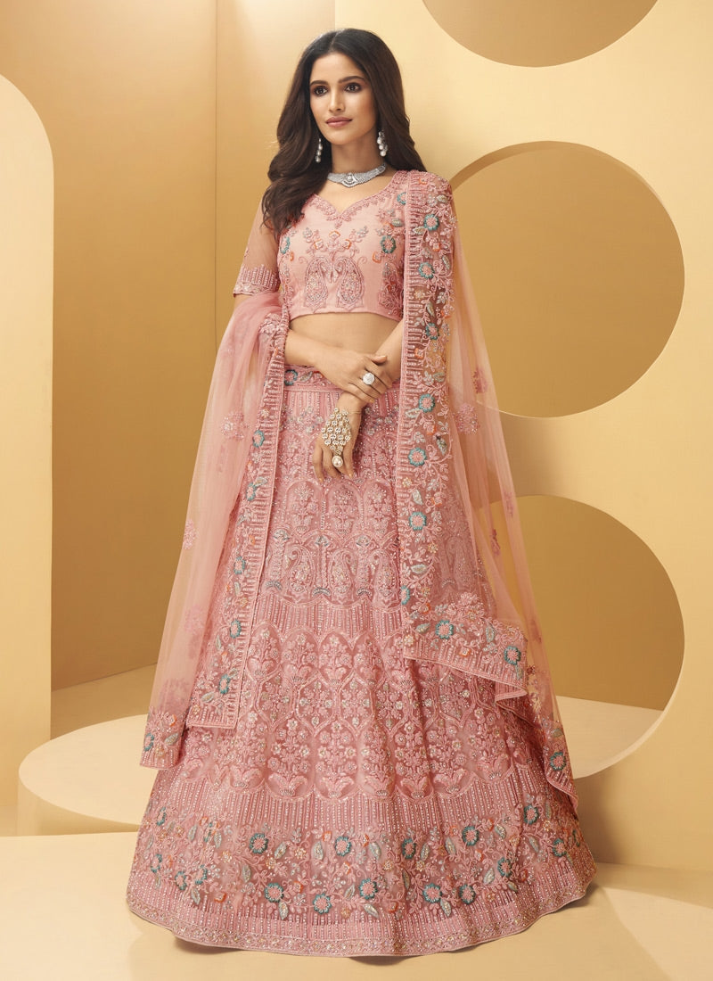 Peach Color Bridal Lehenga Choli in Georgette With Sequins Embroidery Work  in USA, UK, Malaysia, South Africa, Dubai, Singapore