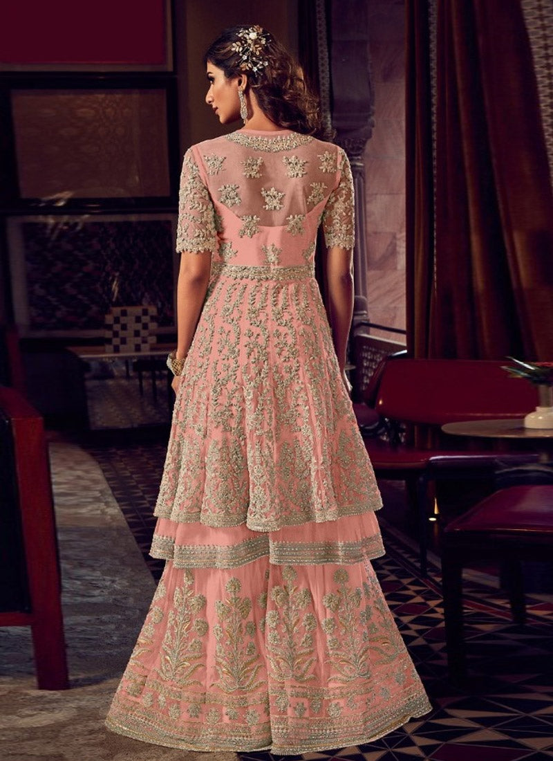 Salmon Pink Georgette and Net Sharara Suit