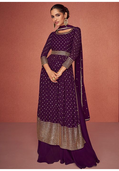 Purple Indian Georgette Long Palazzo Suit SFSMT7901 - Siya Fashions