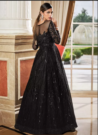 Black Indian Pakistani Bridal Gown Anarkali Suit In Net SFVPL18804