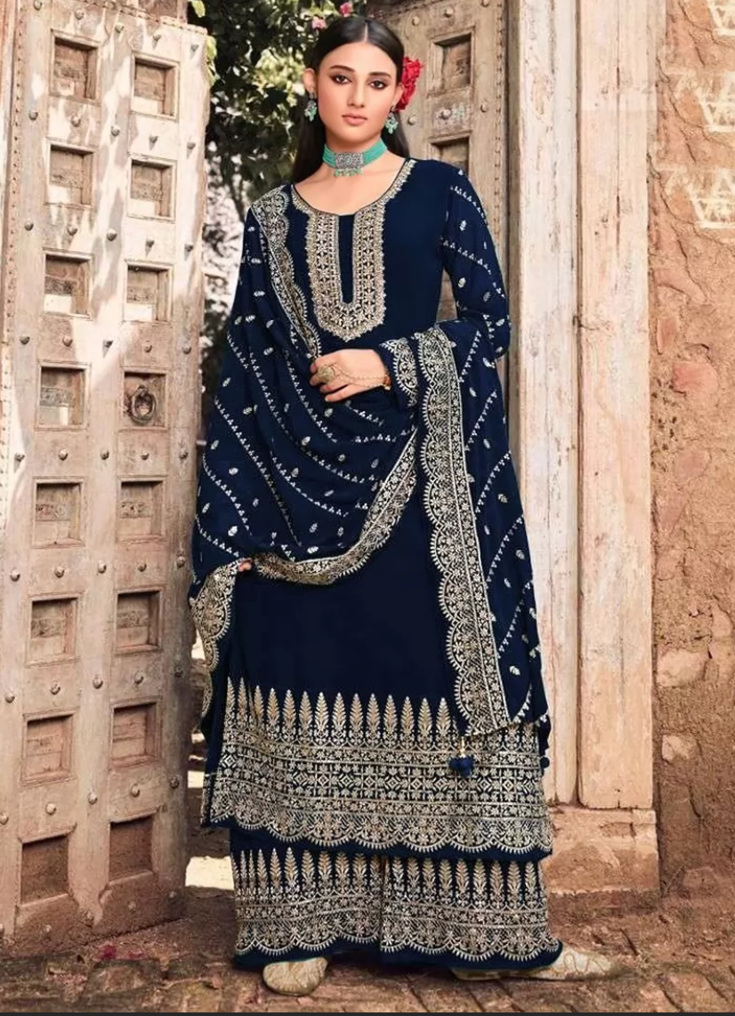 Navy Blue Bridesmaid  ndian Evening Party Palazzo Salwar SFZ118552 - Siya Fashions