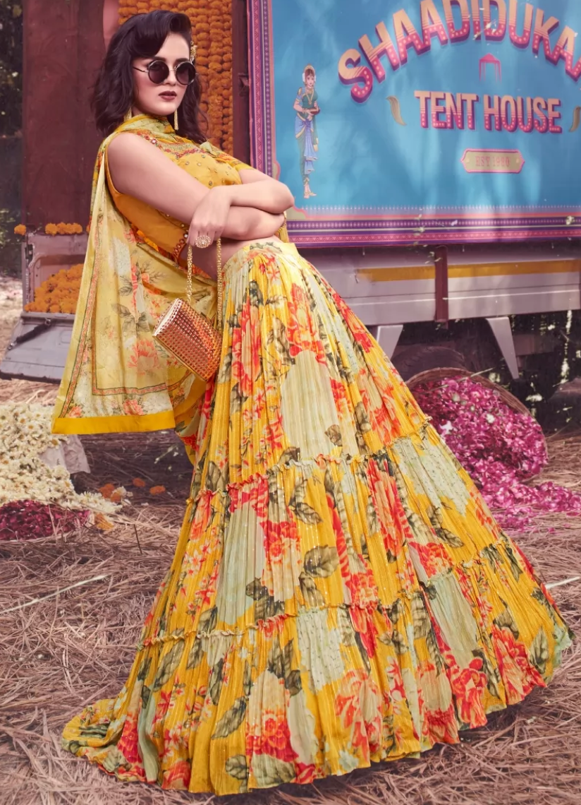 Yellow Digital Print Lehenga Choli In Chinon Fabric SFZ120986 - Siya Fashions